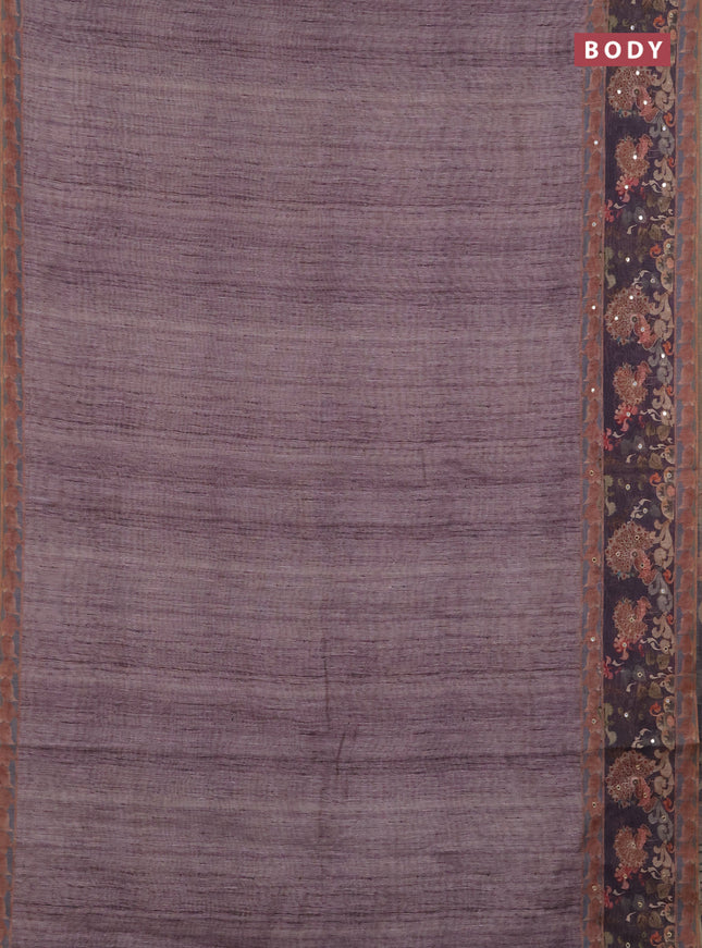 Linen cotton saree jamun shade with plain body and printed mirror work border