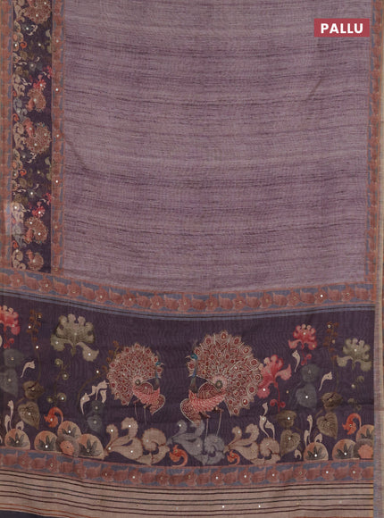 Linen cotton saree jamun shade with plain body and printed mirror work border