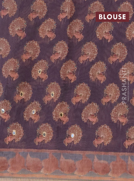 Linen cotton saree jamun shade with plain body and printed mirror work border