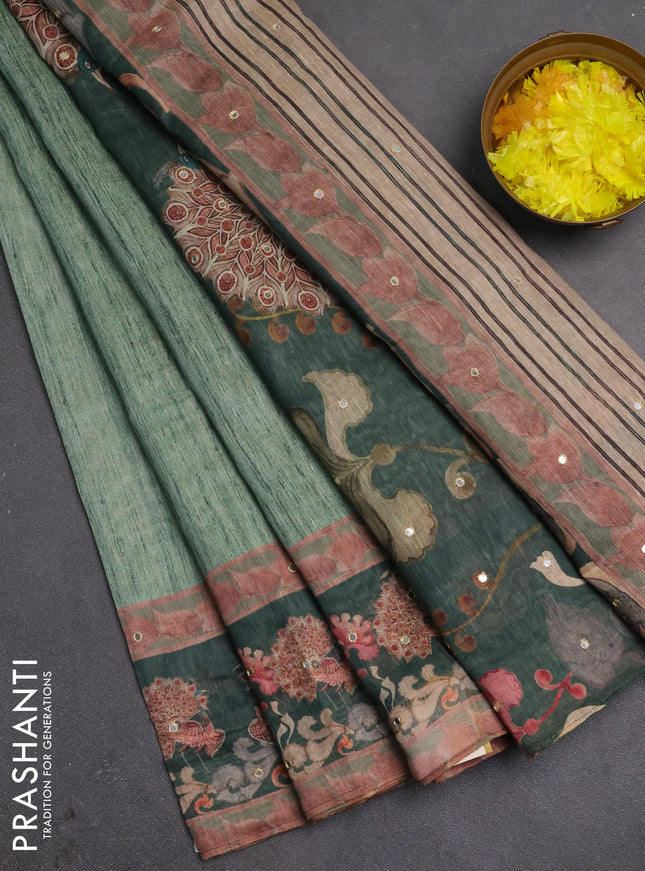 Linen cotton saree pastel green and bottle green with plain body and printed mirror work border