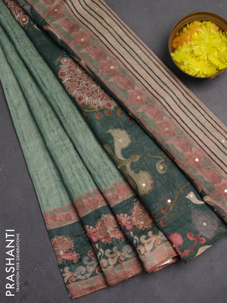 Linen cotton saree pastel green and bottle green with plain body and printed mirror work border
