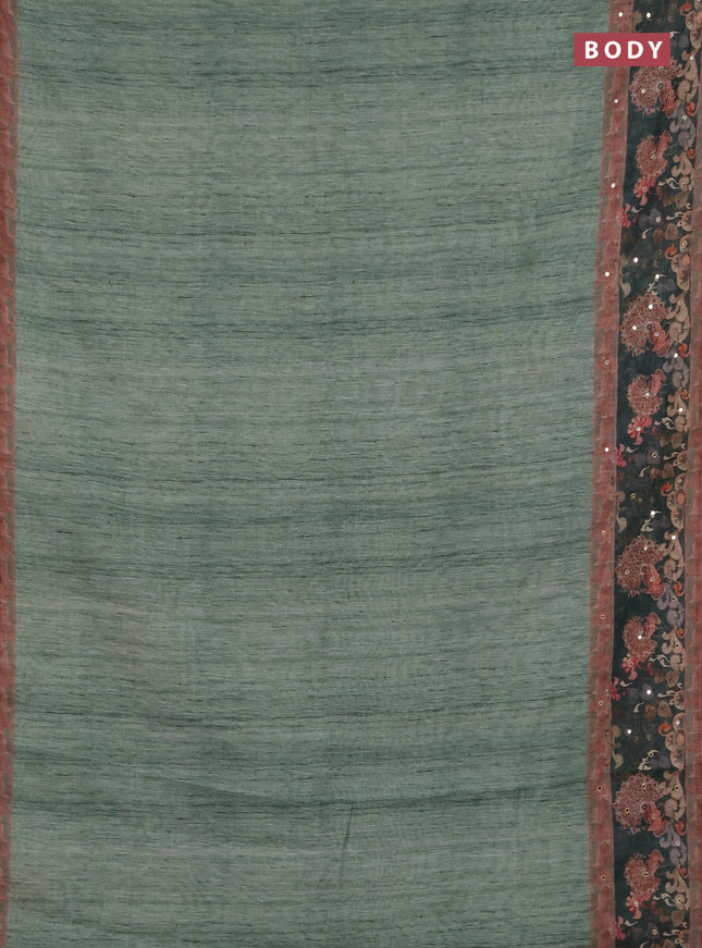 Linen cotton saree pastel green and bottle green with plain body and printed mirror work border