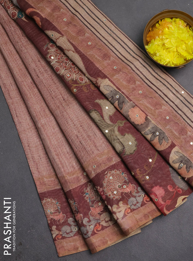 Linen cotton saree brown and maroon with plain body and printed mirror work border