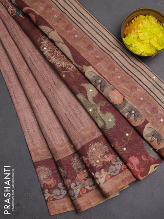 Linen cotton saree brown and maroon with plain body and printed mirror work border