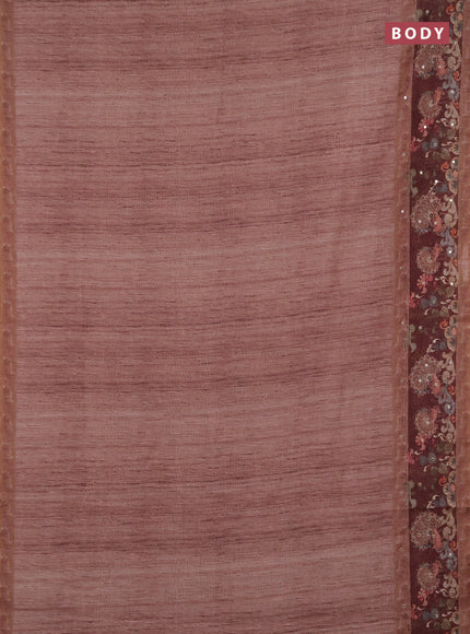 Linen cotton saree brown and maroon with plain body and printed mirror work border