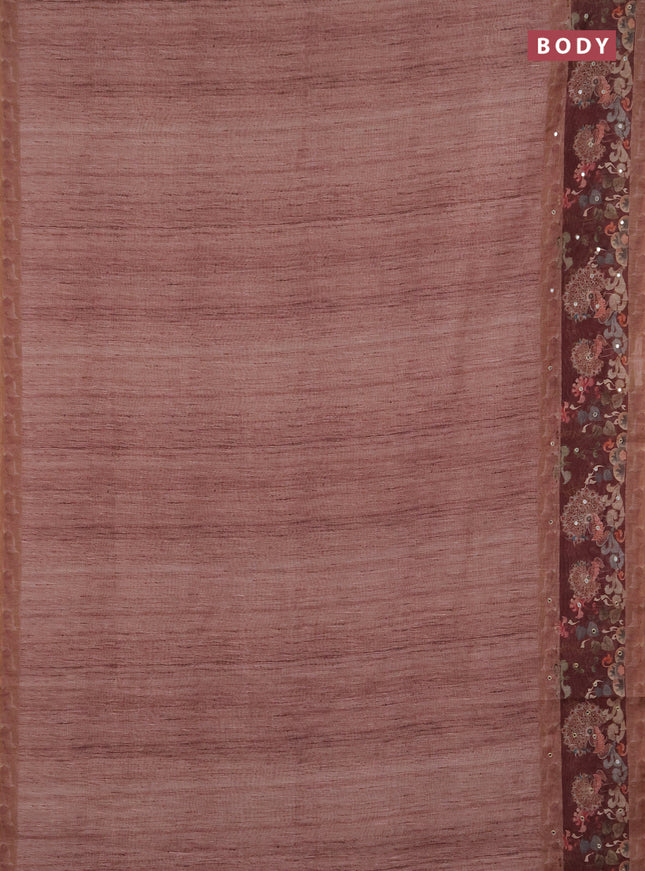Linen cotton saree brown and maroon with plain body and printed mirror work border
