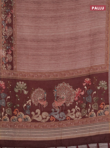 Linen cotton saree brown and maroon with plain body and printed mirror work border