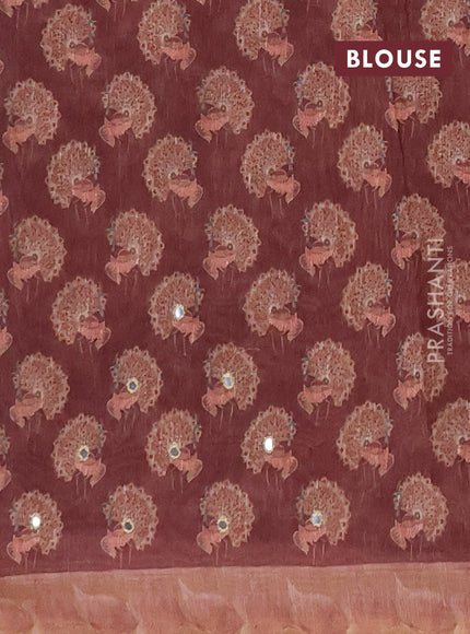 Linen cotton saree brown and maroon with plain body and printed mirror work border