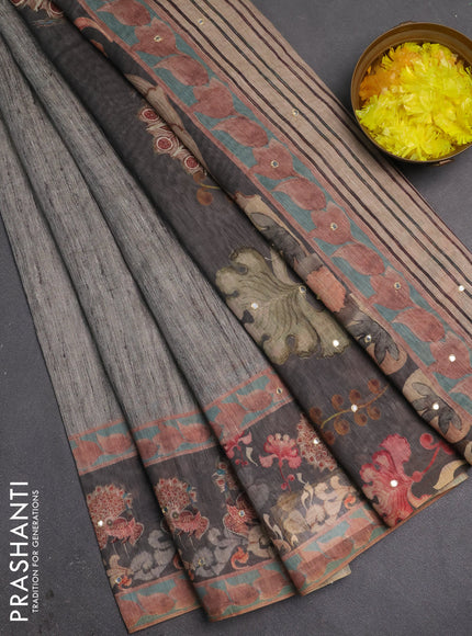 Linen cotton saree pastel grey and dark grey with plain body and printed mirror work border