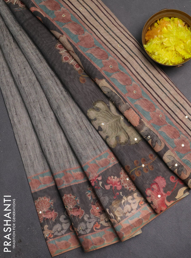 Linen cotton saree pastel grey and dark grey with plain body and printed mirror work border
