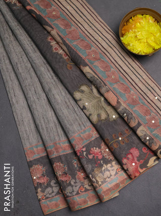 Linen cotton saree pastel grey and dark grey with plain body and printed mirror work border