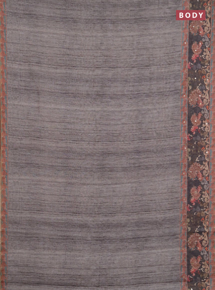 Linen cotton saree pastel grey and dark grey with plain body and printed mirror work border