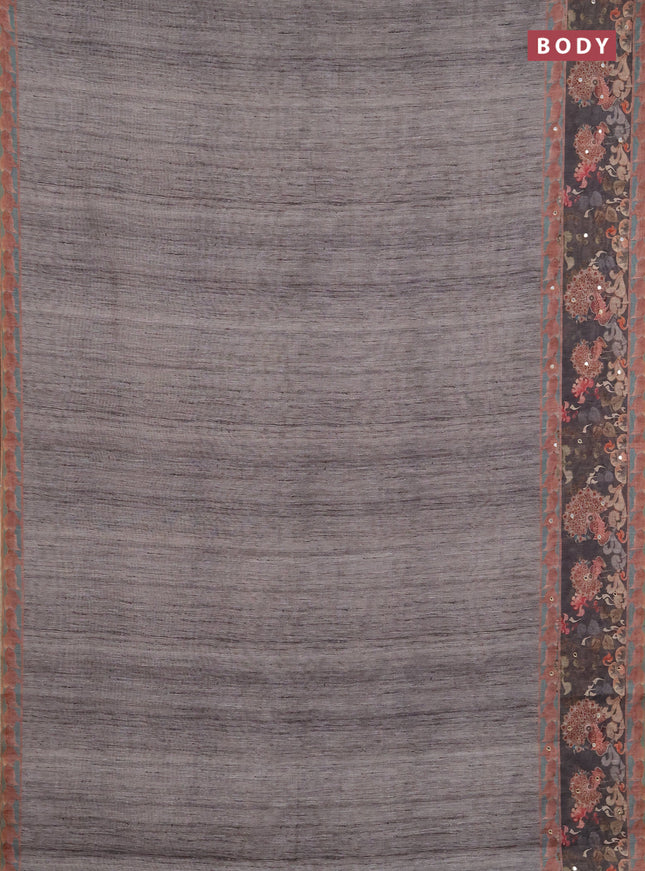 Linen cotton saree pastel grey and dark grey with plain body and printed mirror work border