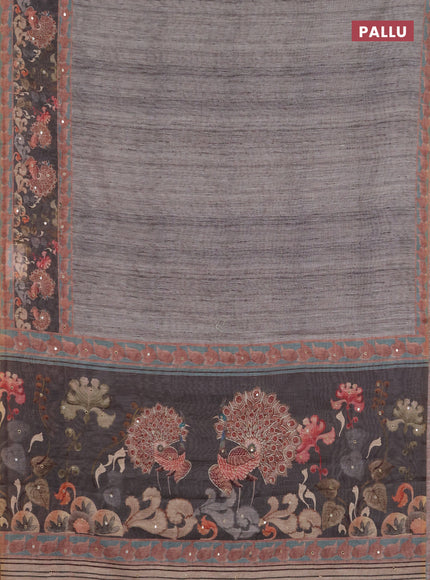 Linen cotton saree pastel grey and dark grey with plain body and printed mirror work border