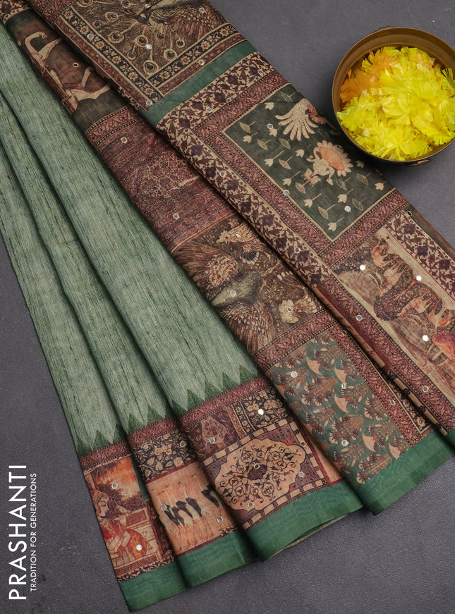 Linen cotton saree green with plain body and printed mirror work border