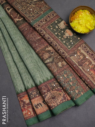 Linen cotton saree green with plain body and printed mirror work border