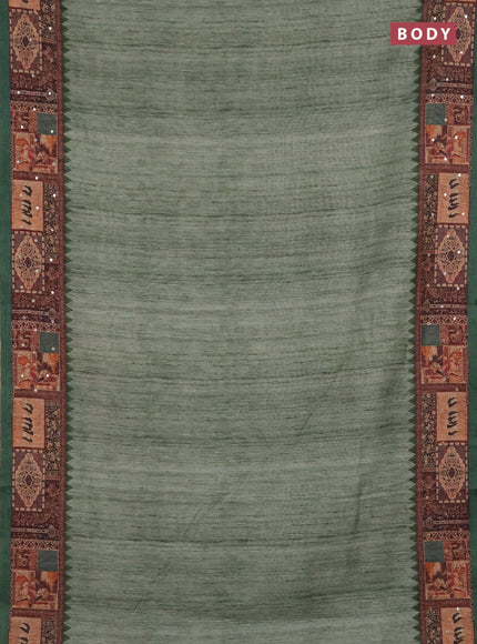 Linen cotton saree green with plain body and printed mirror work border