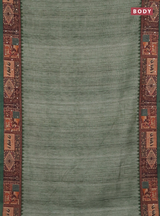 Linen cotton saree green with plain body and printed mirror work border
