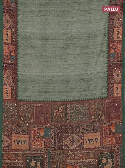 Linen cotton saree green with plain body and printed mirror work border