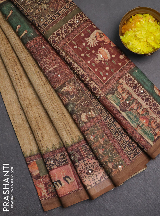 Linen cotton saree sandal and brown with plain body and printed mirror work border