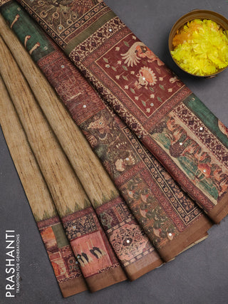 Linen cotton saree sandal and brown with plain body and printed mirror work border