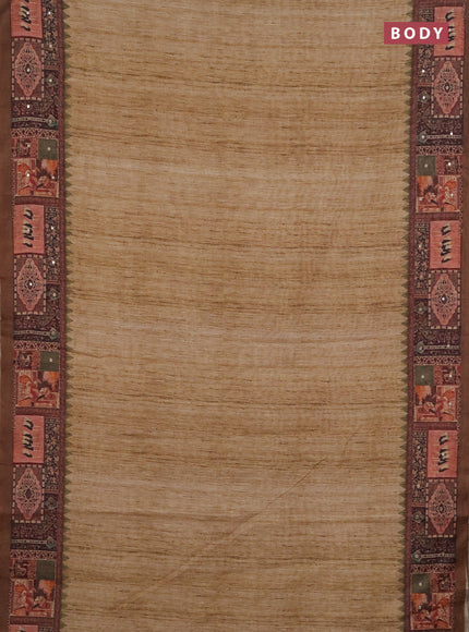 Linen cotton saree sandal and brown with plain body and printed mirror work border