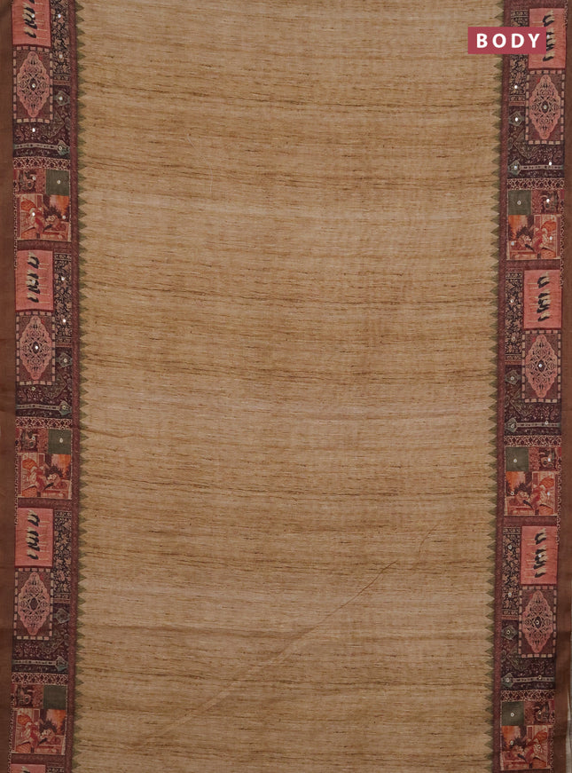 Linen cotton saree sandal and brown with plain body and printed mirror work border
