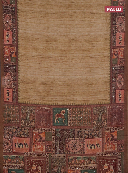 Linen cotton saree sandal and brown with plain body and printed mirror work border