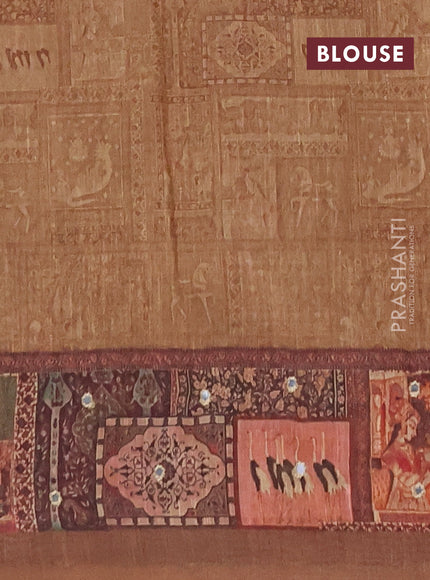 Linen cotton saree sandal and brown with plain body and printed mirror work border