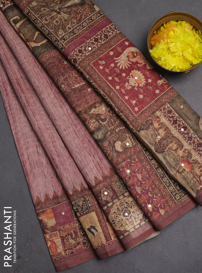 Linen cotton saree pastel maroon and wine shade with plain body and printed mirror work border