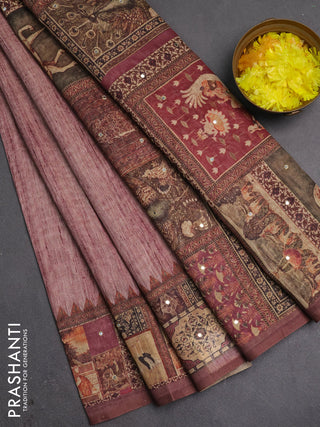 Linen cotton saree pastel maroon and wine shade with plain body and printed mirror work border