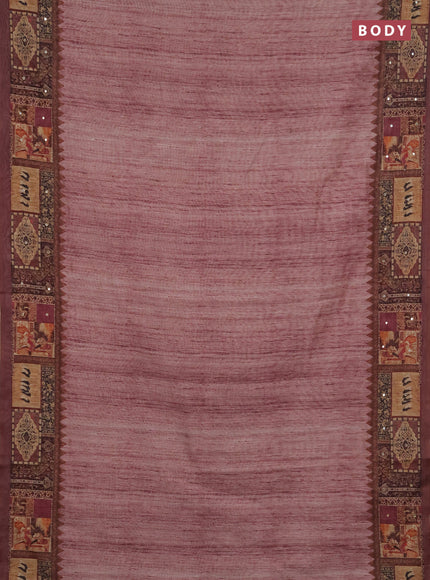 Linen cotton saree pastel maroon and wine shade with plain body and printed mirror work border