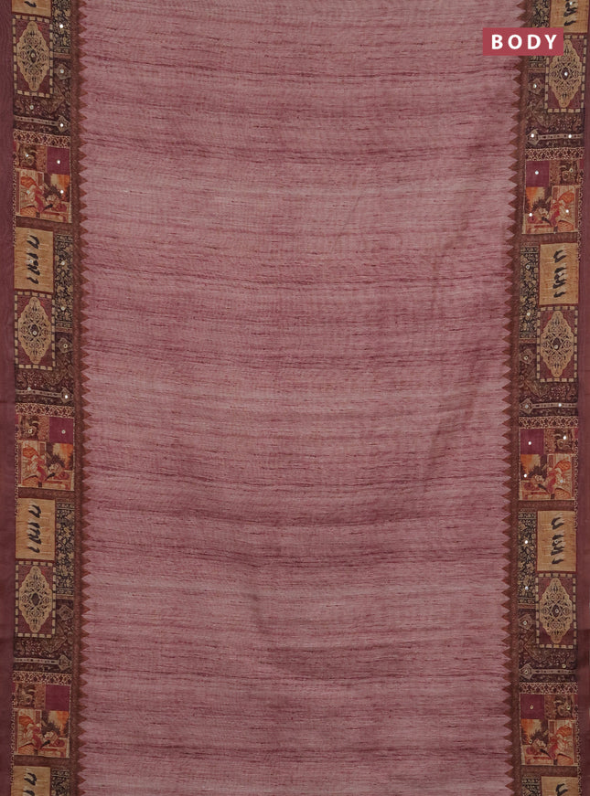 Linen cotton saree pastel maroon and wine shade with plain body and printed mirror work border