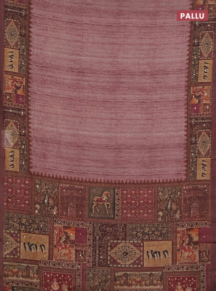 Linen cotton saree pastel maroon and wine shade with plain body and printed mirror work border