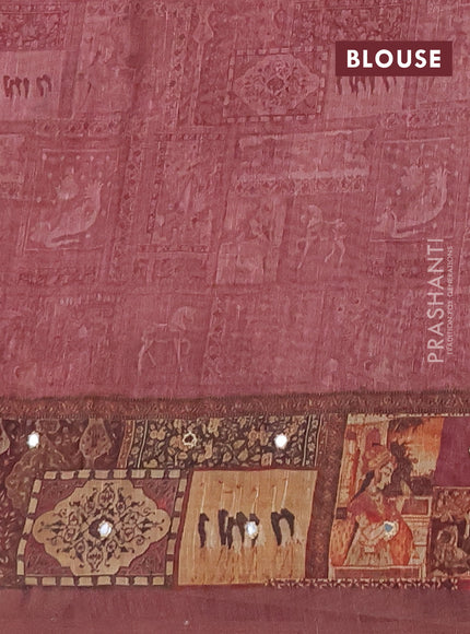 Linen cotton saree pastel maroon and wine shade with plain body and printed mirror work border