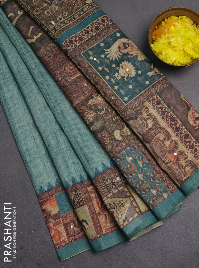 Linen cotton saree peacock green with plain body and printed mirror work border