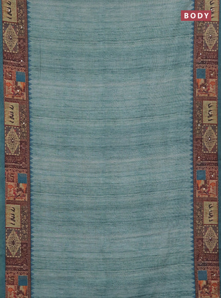 Linen cotton saree peacock green with plain body and printed mirror work border