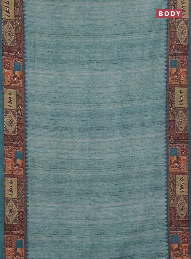 Linen cotton saree peacock green with plain body and printed mirror work border