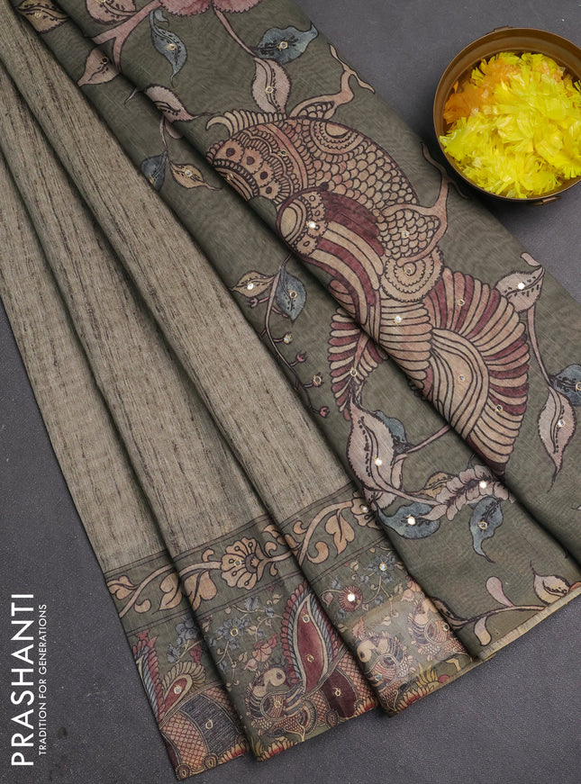 Linen cotton saree pastel green and green with plain body and printed mirror work border