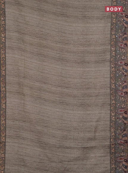 Linen cotton saree pastel green and green with plain body and printed mirror work border