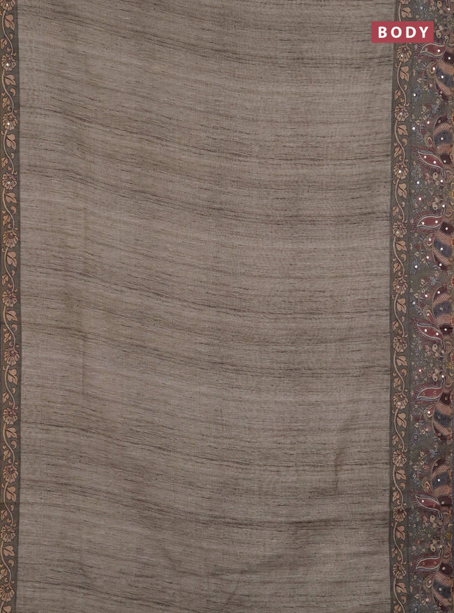 Linen cotton saree pastel green and green with plain body and printed mirror work border