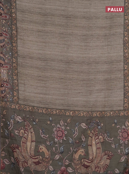 Linen cotton saree pastel green and green with plain body and printed mirror work border