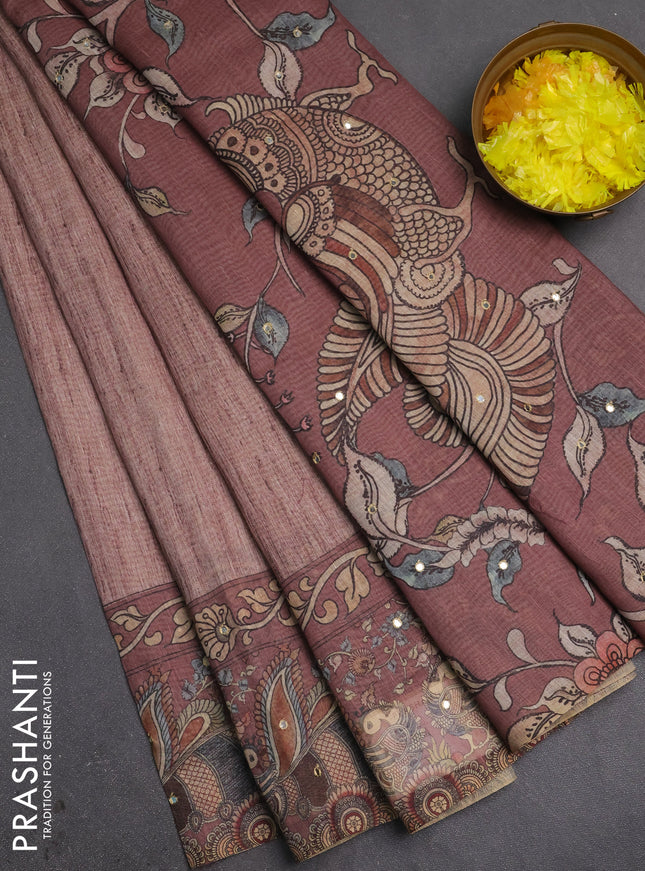 Linen cotton saree pastel brown and brown with plain body and printed mirror work border