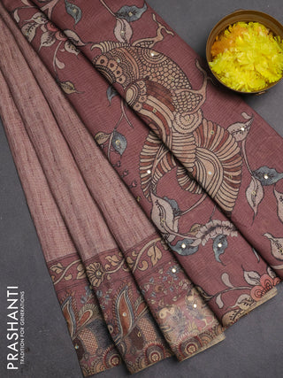 Linen cotton saree pastel brown and brown with plain body and printed mirror work border