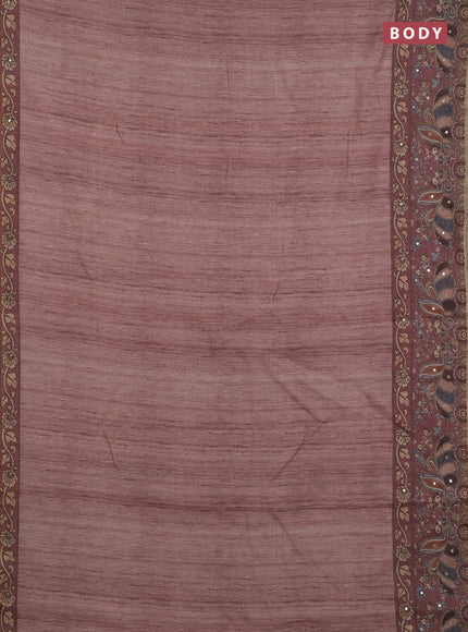 Linen cotton saree pastel brown and brown with plain body and printed mirror work border