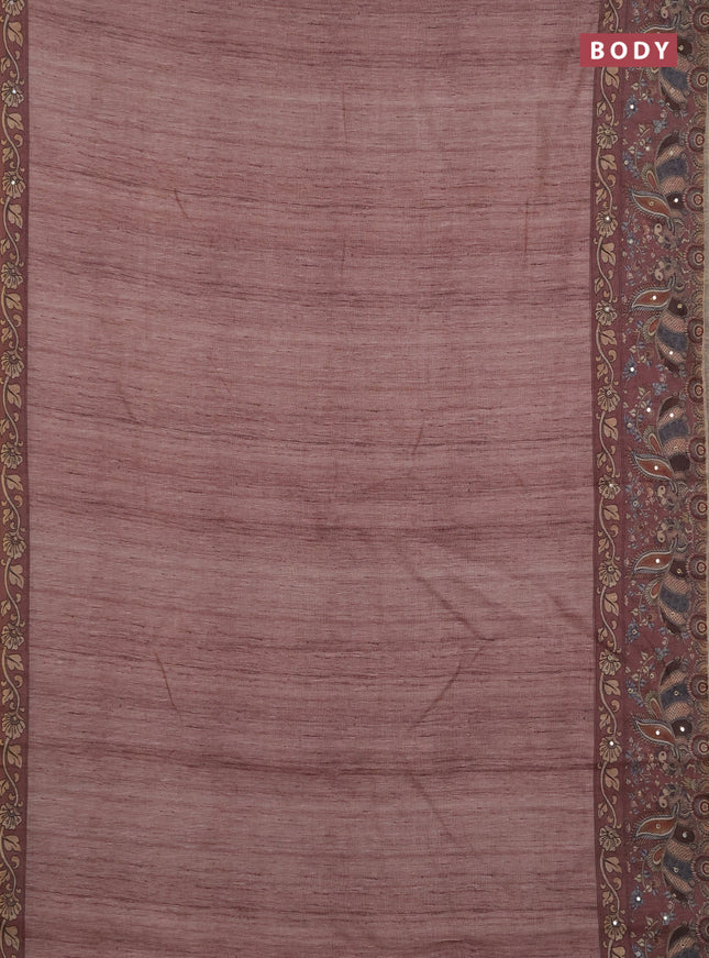 Linen cotton saree pastel brown and brown with plain body and printed mirror work border
