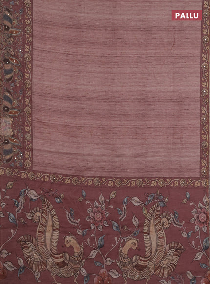 Linen cotton saree pastel brown and brown with plain body and printed mirror work border