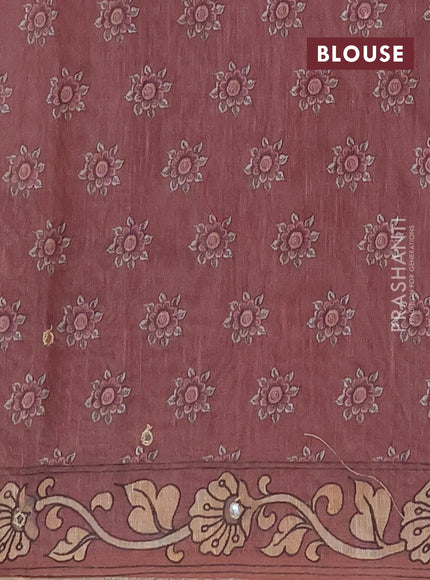 Linen cotton saree pastel brown and brown with plain body and printed mirror work border