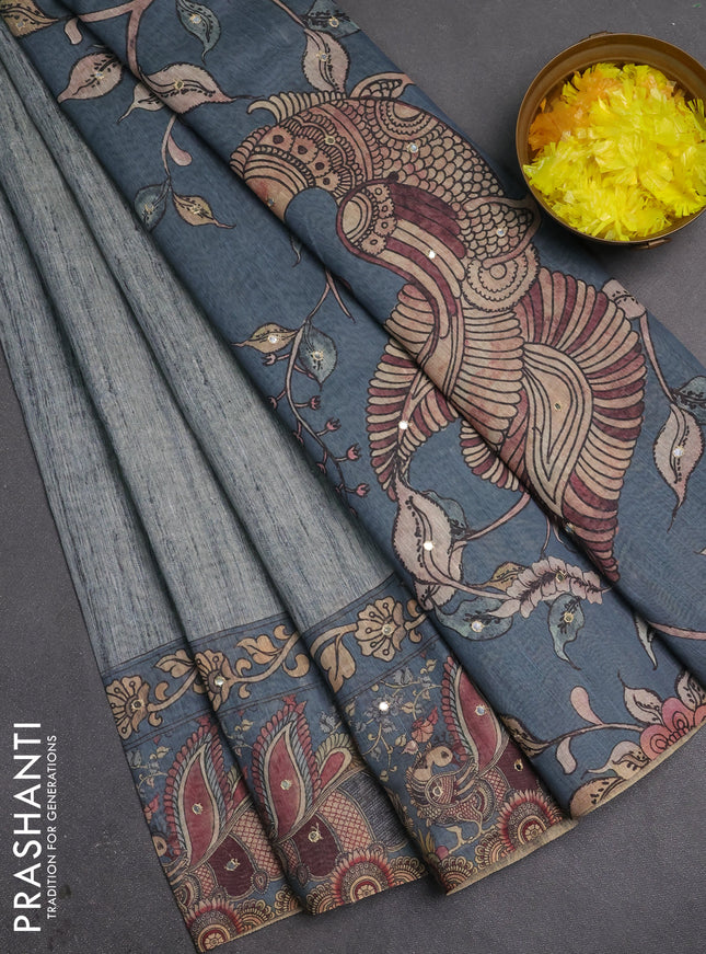 Linen cotton saree grey shade with plain body and printed mirror work border