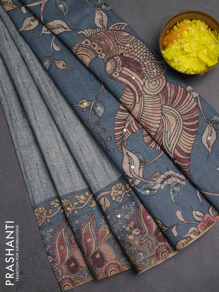 Linen cotton saree grey shade with plain body and printed mirror work border